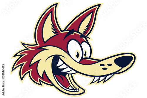 Crimson cartoon fox head shows big smile and teeth with jovial eyes