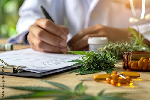 Closeup of Medical Cannabis Bottle with Prescription and Marijuana Leaves