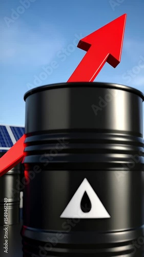 Black oil barrel with a white triangle and a droplet and red arrow going up against a background of solar panels and blue sky