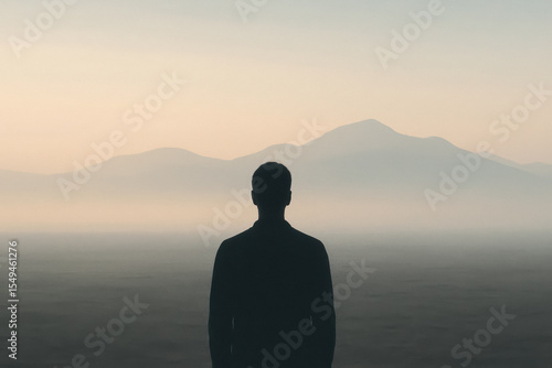 Solitary silhouette gazes across misty mountains at dawn, symbolizing journey, possibility and search for purpose, generative AI