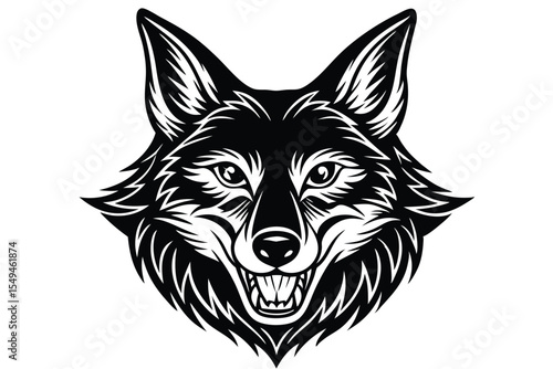 Striking monochrome fox head shows its teeth, capturing a fierce and primal gaze