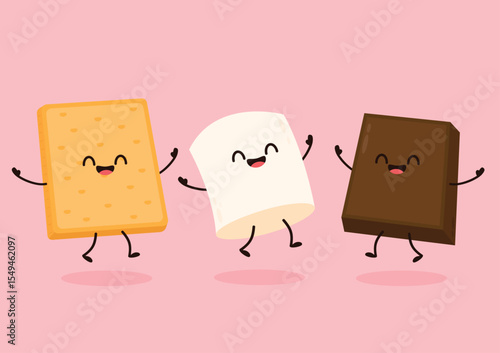 S'more graham cracker character. Chocolate bar and graham crackers. S'more graham cracker, chocolate, and marshmallow.