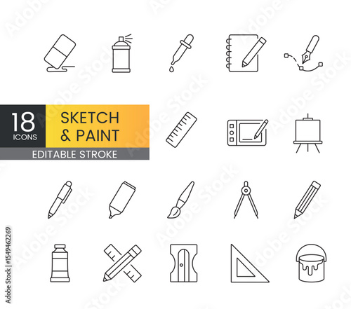 Sketch and paint editable stroke line icons including pencils, brushes, digital tablet, eraser, and tools for artists and illustrators used in creative apps, educational materials, and UI design