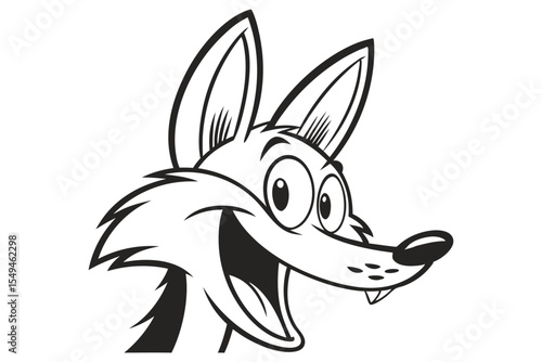 Outlined coyote character smiles, head looking toward the right, with an open mouth