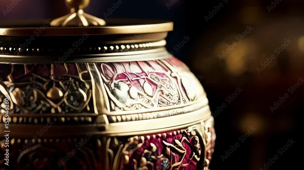 Ornate metal pot with burgundy and intricate gold designs, decorated with small pearls and a matching lid with a knob, on a dark background Ornate metal pot with burgundy and intricate gold designs, decorated with small pearls and a matching lid with a knob, on a dark background