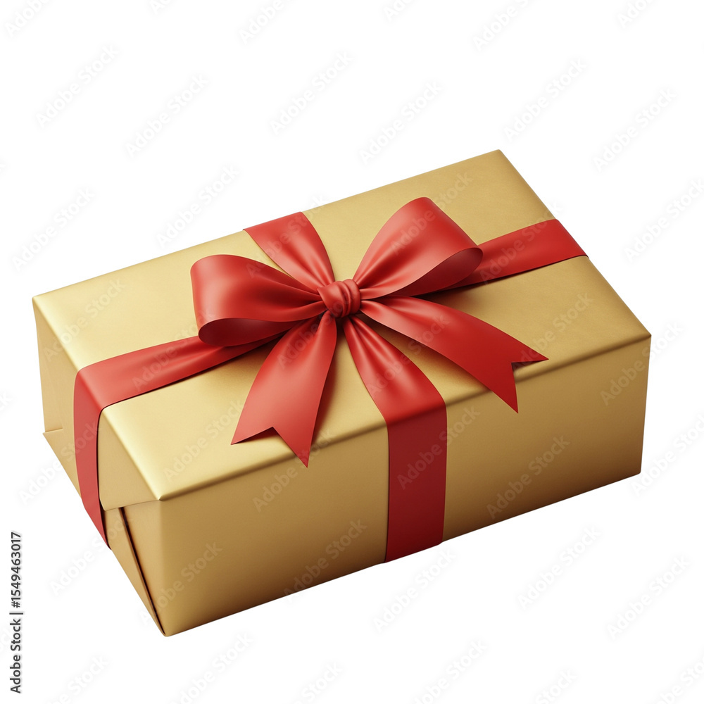 Fototapeta premium Elegant rectangular gift box wrapped in shimmering gold paper with a bold red ribbon bow, ideal for festive celebrations - transparent background Generative Ai.
