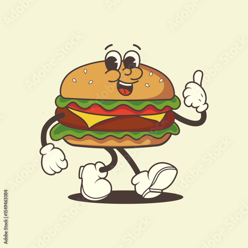 Retro burger mascot with happy face. Vintage vector character for fast food, diner branding and nostalgic design