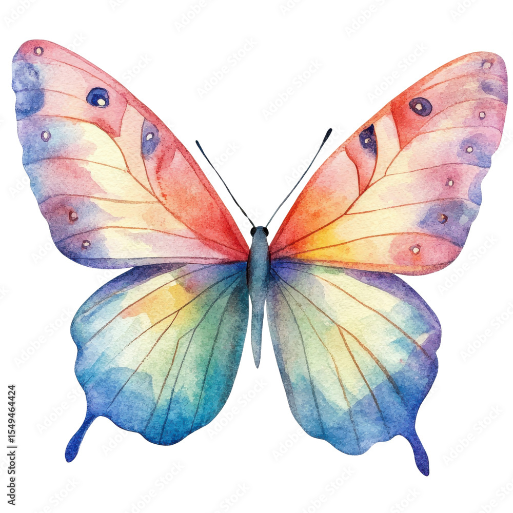 Fototapeta premium Watercolor butterfly with vibrant rainbow wings, delicate pattern, and soft gradient, symbolizing beauty and transformation