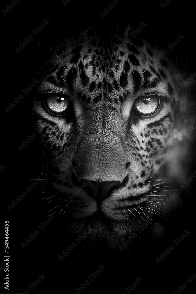 Naklejka premium A black and white photo of a leopard's face