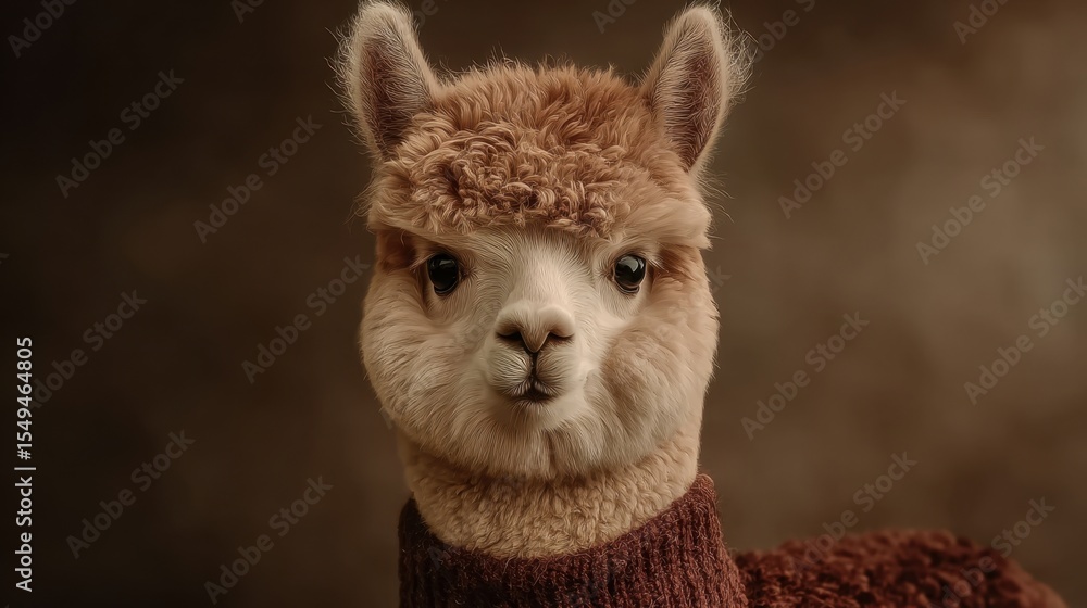 A brown and white alpaca wearing a brown sweater A brown and white alpaca wearing a brown sweater