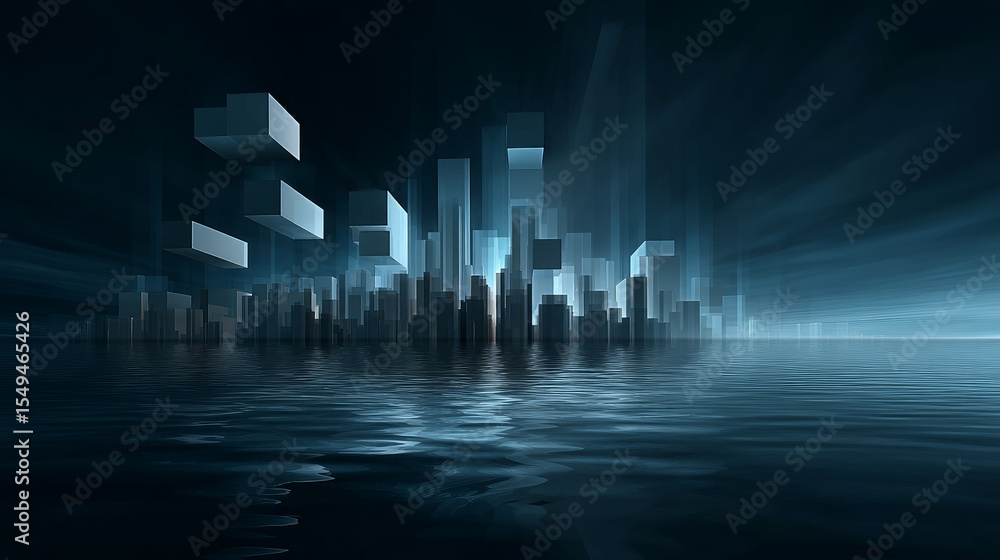 Fototapeta premium Dark, empty world Minimalistic virtual Futuristic reality with geometric shapes and floating structures, bright light source, floating, smooth gradient, Empty digital world with softly lit clean lines