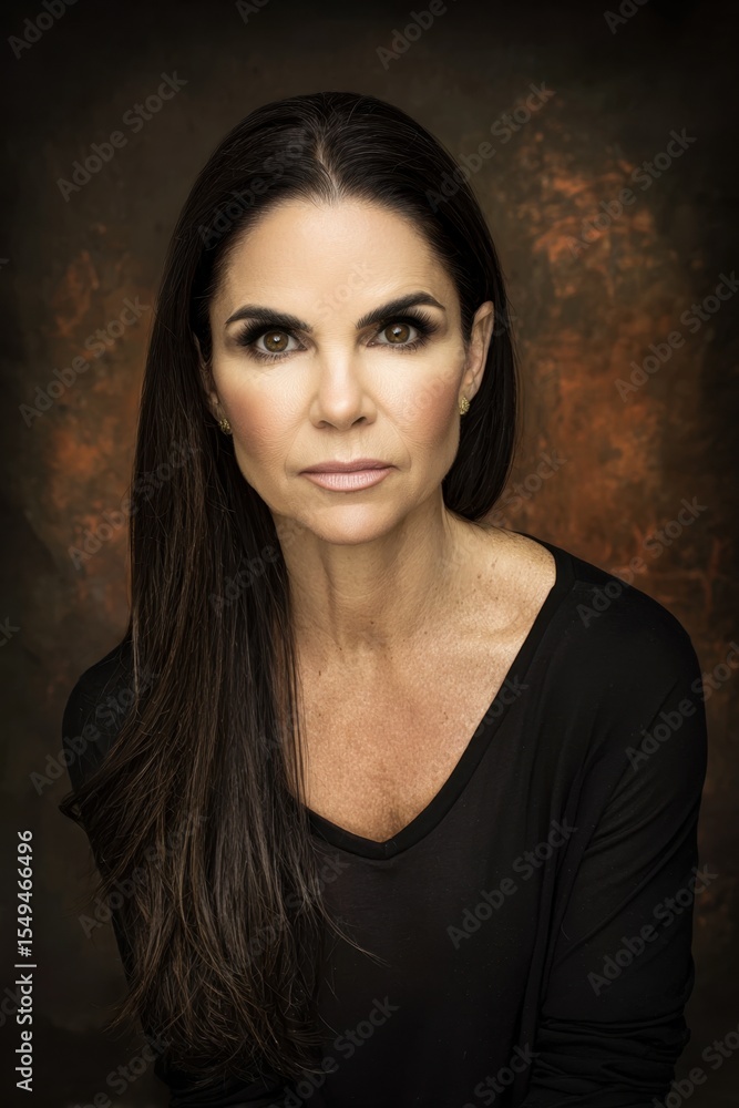 Fototapeta premium A woman with long dark hair and a black shirt