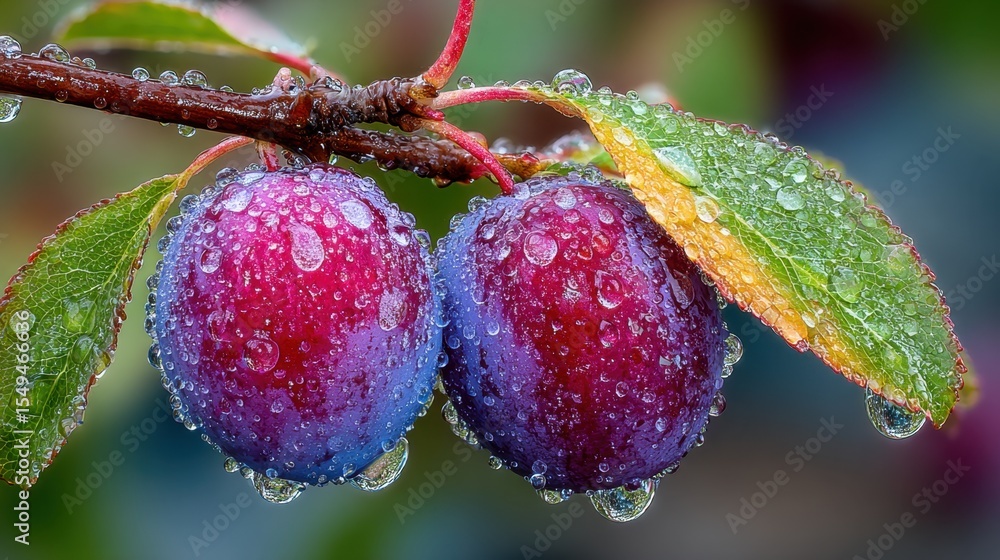 Fototapeta premium A couple of plums with water droplets on them on a branch