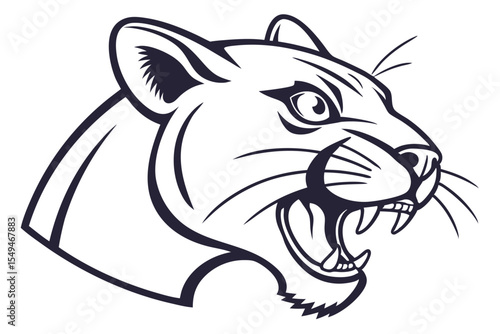 cougar head intensely roars, displaying sharp teeth and fierce eyes in a monochromatic style