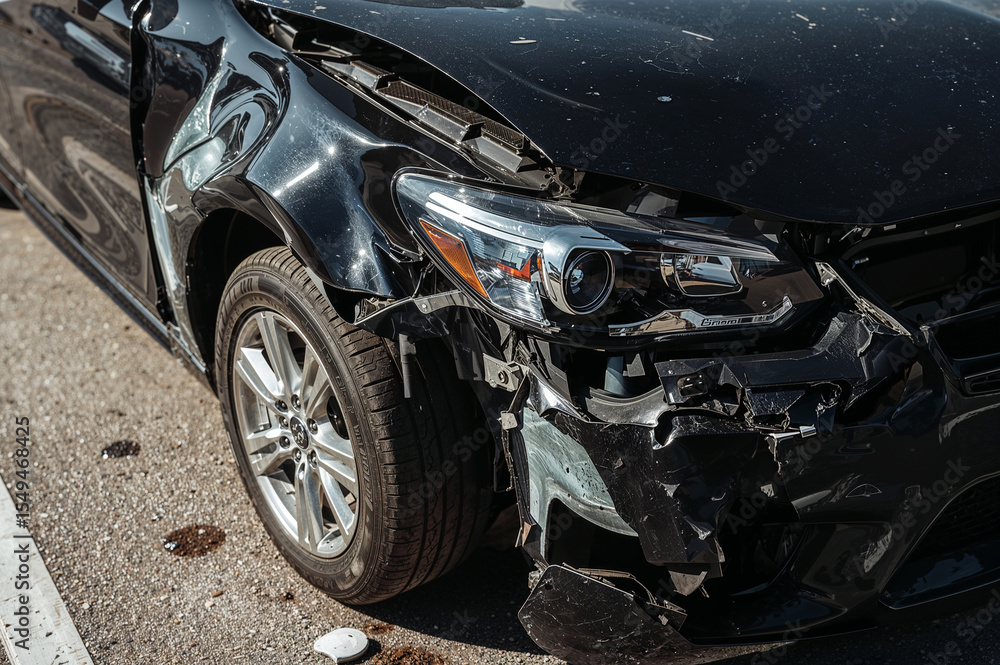 Damaged Black Car After Collision on Road for Road Safety and Insurance Awareness Campaigns Damaged Black Car After Collision on Road for Road Safety and Insurance Awareness Campaigns