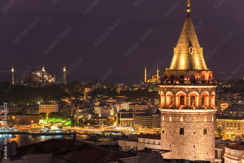 Fototapeta premium Istanbul Icons Galata Tower in the Sunset Time Drone Photo, Galata Beyoglu, Istanbul Turkiye (Turkey)