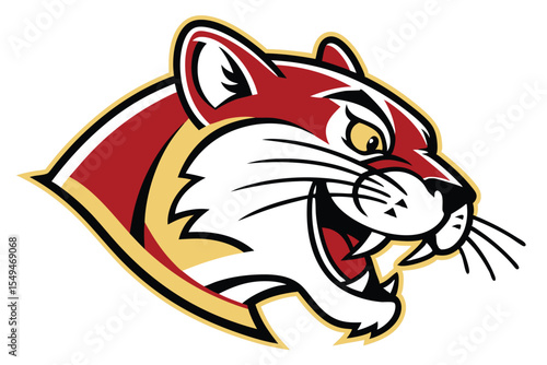Ferocious red and gold cougar head shows its sharp teeth in an aggressive manner