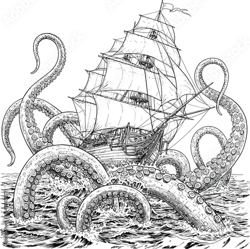 Black & White Sailing Ship vs. Giant Sea Creature Illustration