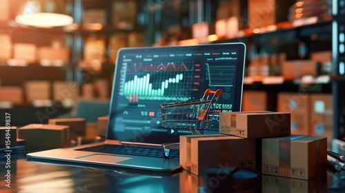A laptop displaying e-commerce analytics sits among packages and a miniature shopping cart, representing online retail logistics and data analysis.
