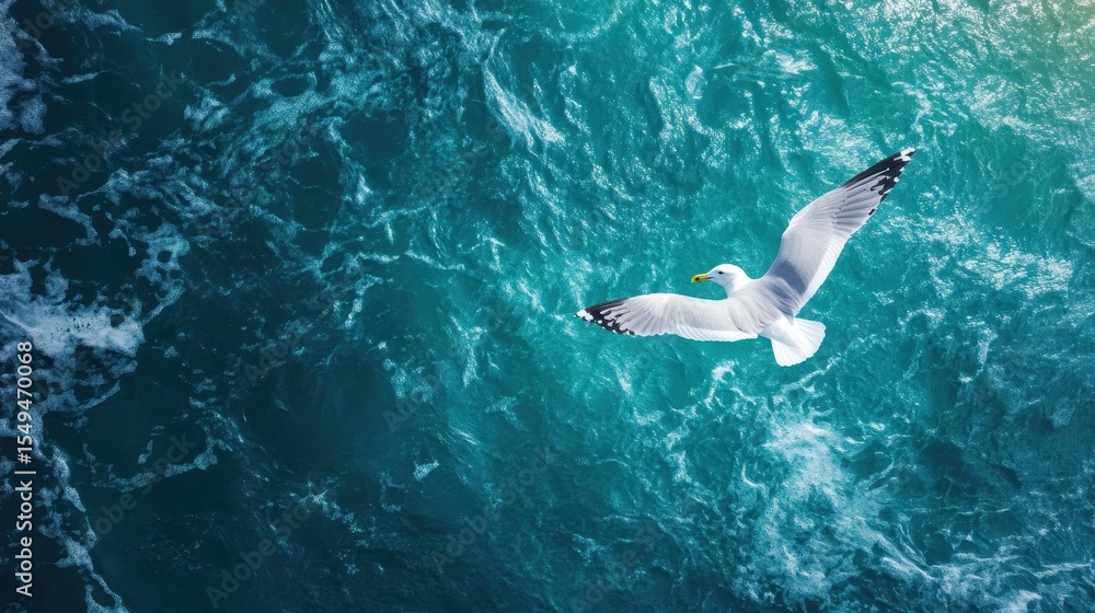 Obraz premium A stunning aerial view captures a seagull soaring gracefully above the deep turquoise ocean waves, symbolizing freedom and the beauty of nature's wildlife.