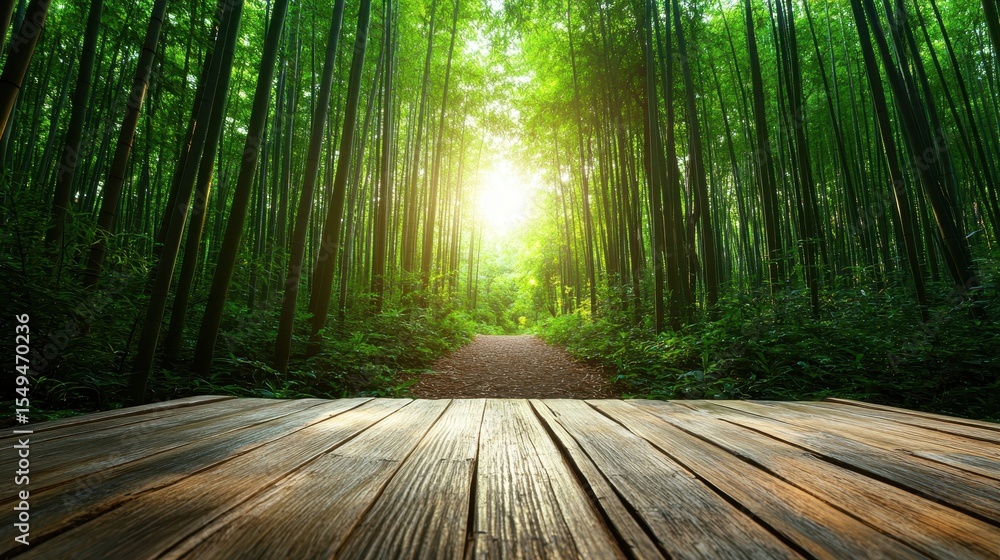 Fototapeta premium A tranquil scene of sunlight filtering through a tall bamboo forest, revealing an inviting pathway that beckons you to explore the serenity of nature's beauty.