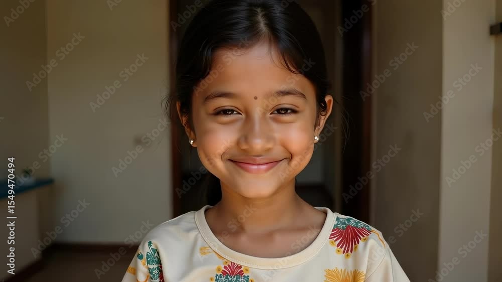 A Charming Portrait of a Young Indian Girl Wearing a Traditional Cotton Dress Her expressive round eyes capture a moment of innocence and beauty in this 4K close-up