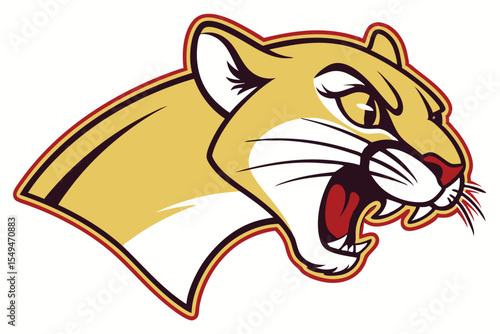 Golden cougar head roars fiercely, detailed with a sleek, outlined burgundy, black detail