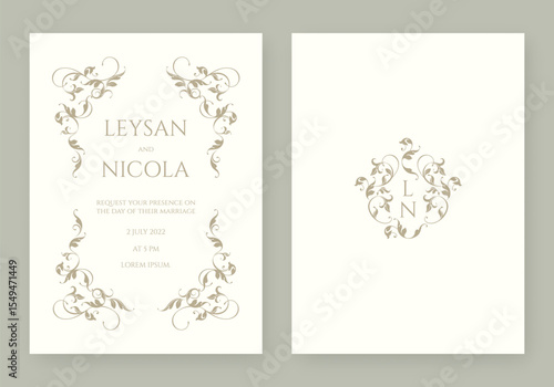 Wedding invitation. Classic ornamental decor. Decorative frame and monogram.