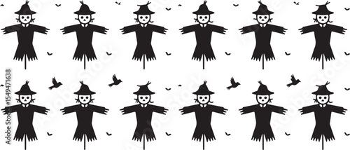Black scarecrow pattern with birds and leaves