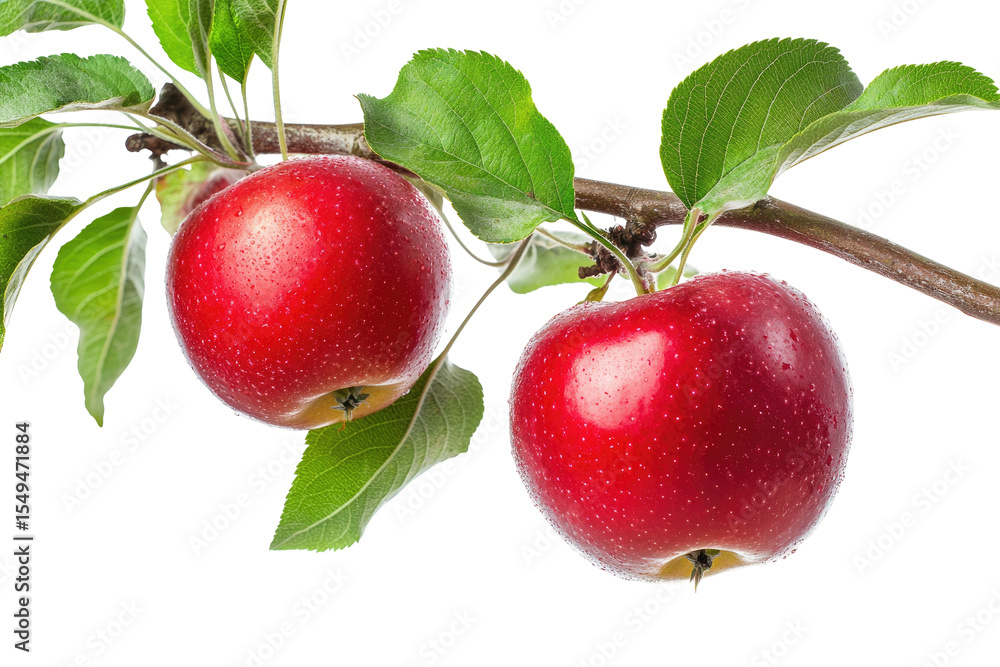 Obraz premium Two ripe red apples on a branch with leaves