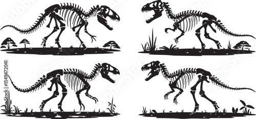 Four black silhouette dinosaur skeletons
