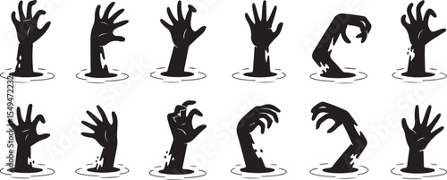 Twelve halloween zombie hands emerging from water