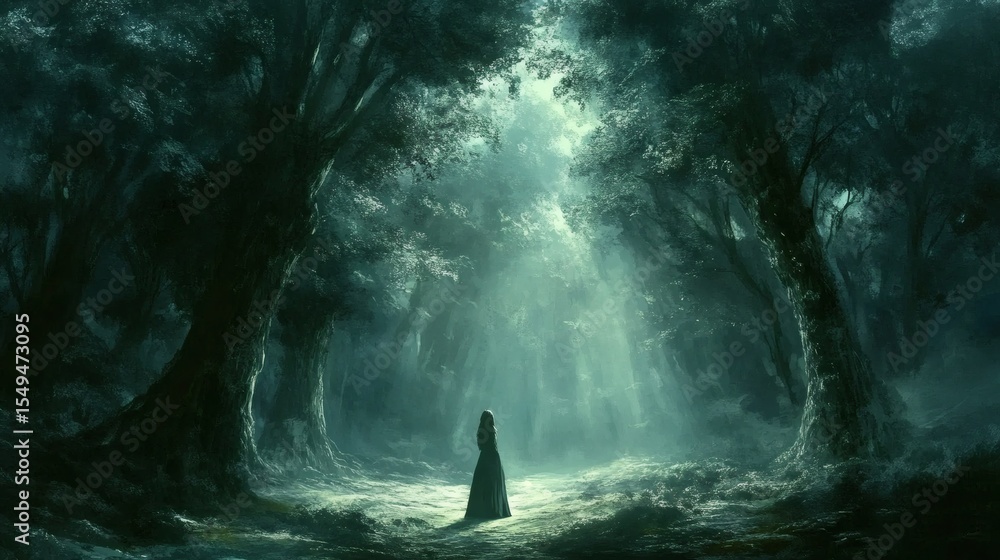 Fototapeta premium Solitary Figure Standing Silhouetted in an Ethereal Forest with Sunlight Beams