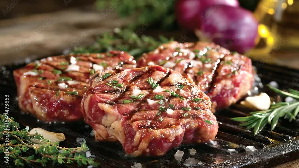 Sizzling hot grill set with raw steaks, pork chops, and lamb cuts, surrounded by crushed garlic, fresh herbs, and a glimmering drizzle of olive oil ready for barbecue cooking Sizzling hot grill set with raw steaks, pork chops, and lamb cuts, surrounded by crushed garlic, fresh herbs, and a glimmering drizzle of olive oil ready for barbecue cooking