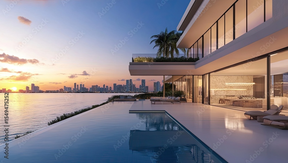Fototapeta premium Modern waterfront mansion with infinity pool