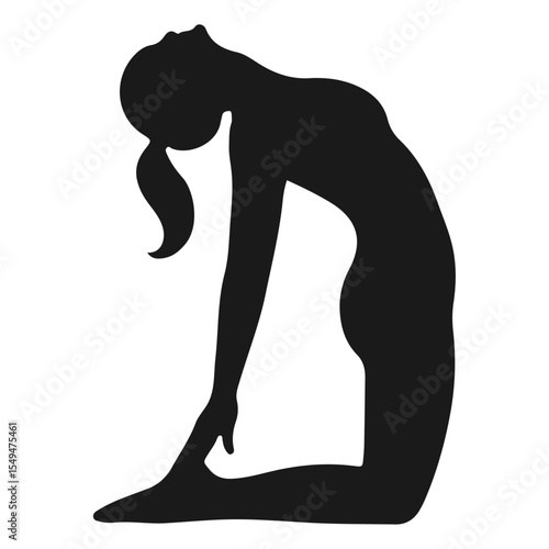 Black and white vector cartoon illustration of a woman in a yoga pose, resembling an animal silhouette