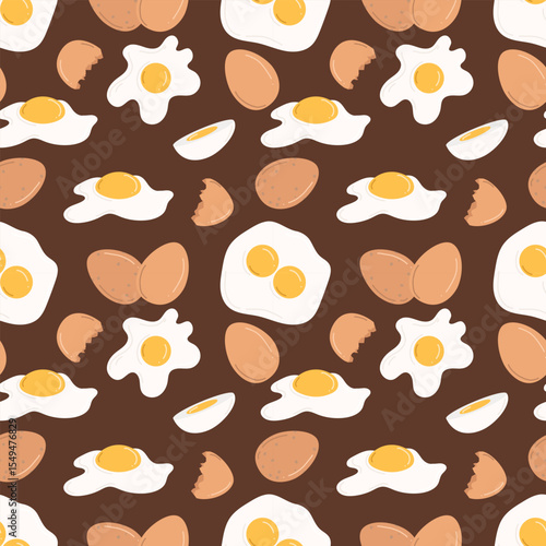 Seamless pattern with chicken eggs. Hand drawn vector illustration in flat style. Whole brown eggshell eggs, boiled, fried eggs, yolk, broken eggshells. Concept of tasty breakfast, farm, cooking