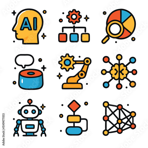 Technology ai nine colorful icons showing cuttingedge artificial intelligence suitable for web design, presentations, infographics, and techthemed projects.