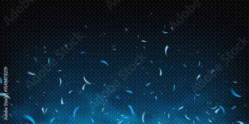 Blue fire with glowing sparks and flying particles on dark smoky background. Neon glow, icy embers, and heat effects create a magical abstract scene. Vector texture with flare, dust, and metal shine.