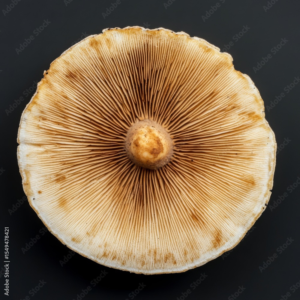Detailed Close-up of Mushroom Cap with Radial Gills and Texture Detailed Close-up of Mushroom Cap with Radial Gills and Texture