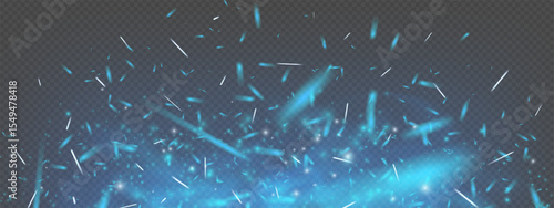 Blue fire and flying sparks on dark smoky background. Neon glow, icy embers, and cold fog create magical atmosphere. Vector illustration with heat, dust, and metallic texture. Abstract energy effect.
