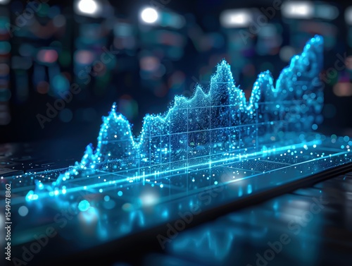 A glowing 3D digital stock chart represents market trends, finance data, and analytics in a high-tech trading environment.