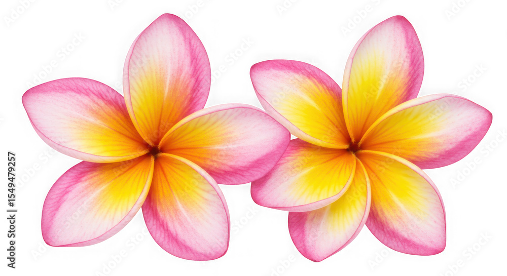 Fototapeta premium Two pink and yellow plumeria flowers isolated on transparent background