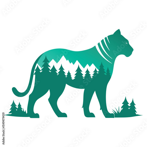 Teal Tiger Silhouette Double Exposure Mountains Forest Nature Wildlife Graphic Design vector