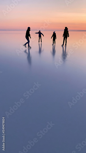 Silhouettes Ice Skating at Sunset: A Serene Winter Activity on a Frozen Lake