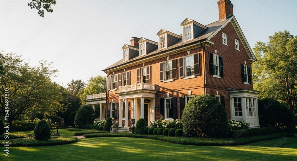 Fototapeta premium Historic colonial-style home with brick facade and black shutters, lit by soft afternoon light