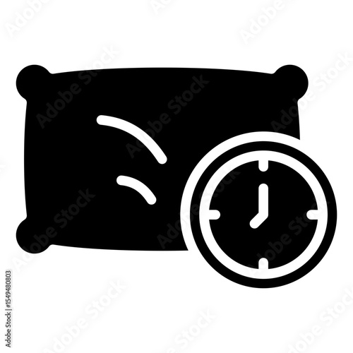 Sleep Schedule - Glyph Black Fill Silhouette Style Icon - pillow and clock representing bedtime planning or healthy sleep routine