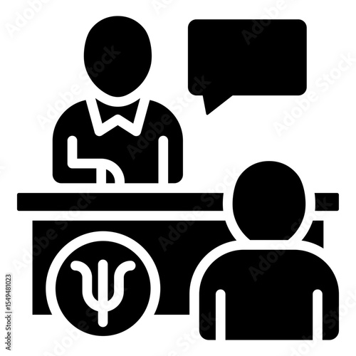 Consultation - Glyph Black Fill Silhouette Style Icon - desk scene with two people and a dialogue bubble, representing consultation or discussion
