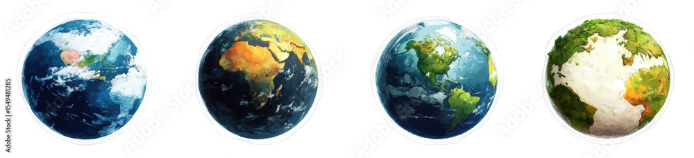 Obraz premium Four stylized globes, showcasing different Earth appearances
