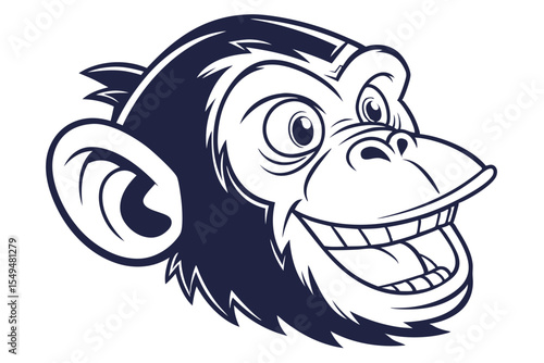 Cheerful monkey head showcases a toothy smile and cartoon charm against a white backdrop